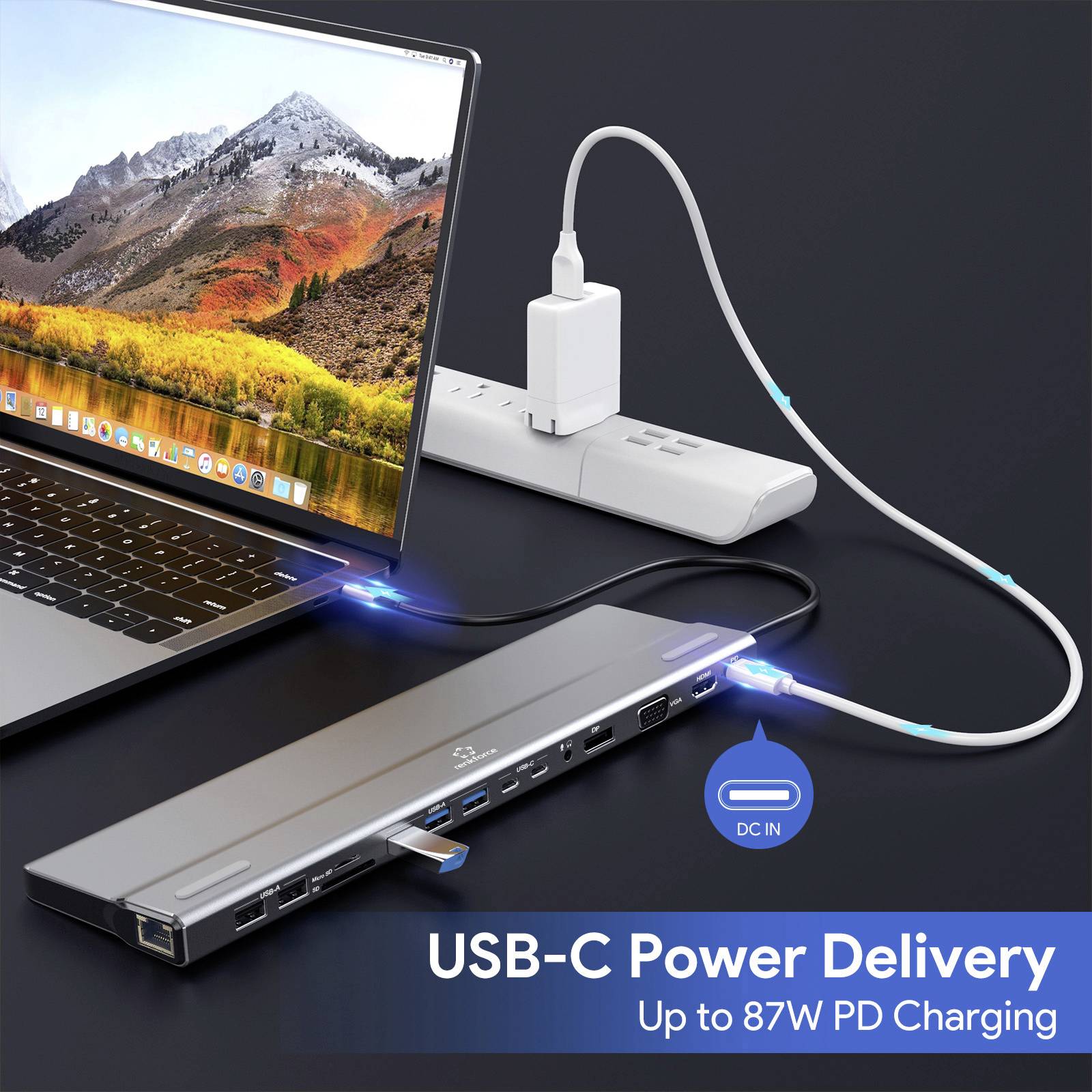 Egy laptop egy USB-C dokkolón keresztül csatlakozik az elektromos hálózathoz. A dokkoló több csatlakozási lehetőséget kínál és támogatja a 87W-os PD (Power Delivery) töltést.