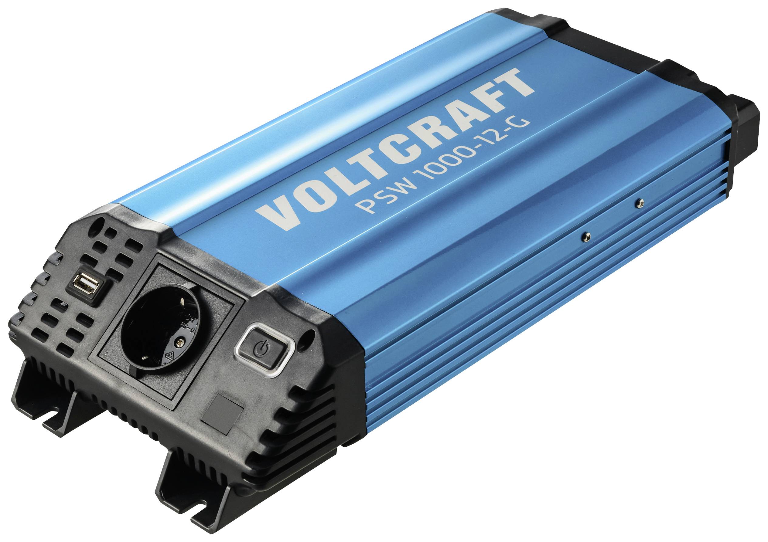 Egy kék Voltcraft feszültségátalakító, PSW 1000-12-G modell. Rendelkezik egy hálózati aljzattal és egy USB-csatlakozóval.