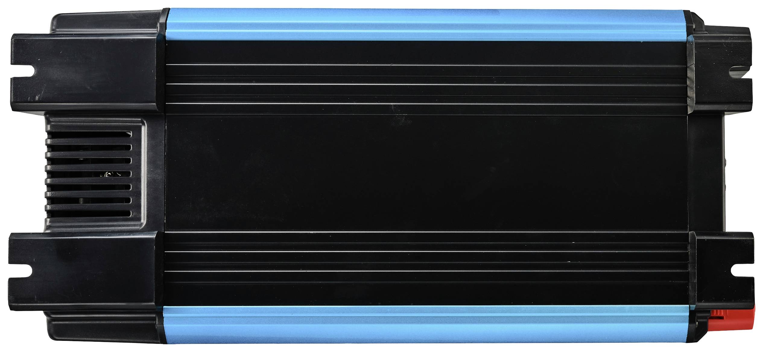 Fekete elektromos készülék kék oldalsávokkal, valószínűleg egy átalakító vagy erősítő, téglalap alakú.