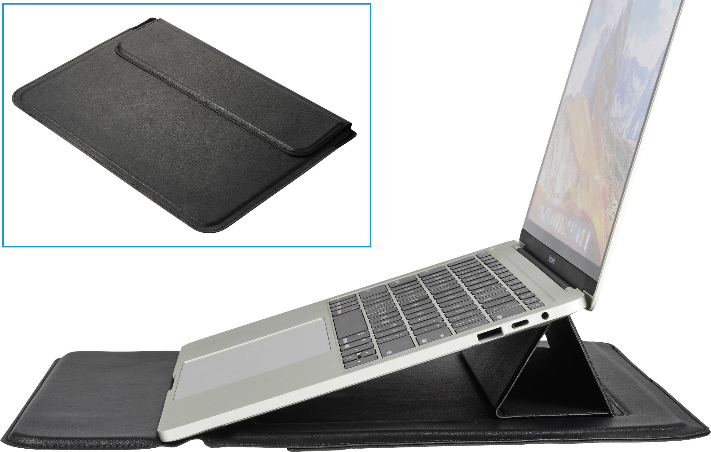 Laptop egy fekete védőtokba helyezve, amely állványként szolgál. A tok a kép bal felső sarkában zárt állapotban látható.