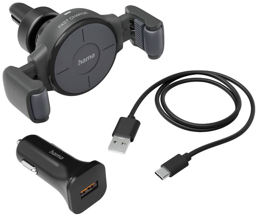 Egy mobiltelefon-tartó USB-C kábellel és autós töltőadapterrel. A tartón 'GYORSTÖLTÉS' felirat szerepel. Autóban való használatra alkalmas.