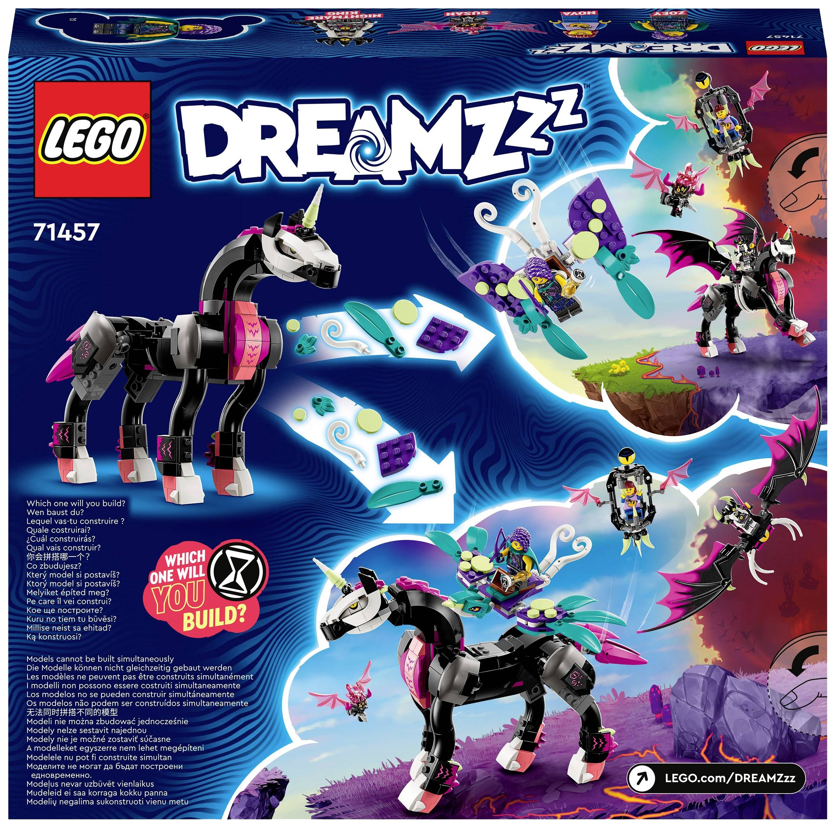Lego Dreamzzz 71457-es szett csomagolása. Egy épületrendszert mutat, amely egy unikornis alakú épületből áll, valamint olyan elemekből, amelyek szárnyakat és egyéb figurákat formáznak.