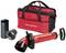 Egy piros lefolyótisztító a 'ROTHENBERGER' felirattal, tartozékok és egy piros szállítótáska fekete fogantyúkkal.
