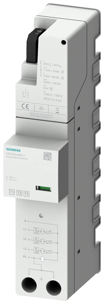 Egy szürke Siemens túlfeszültségvédelmi eszköz, 3NW7 típus, fekete és zöld jelölésekkel. Elektromos védelem céljára használatos.