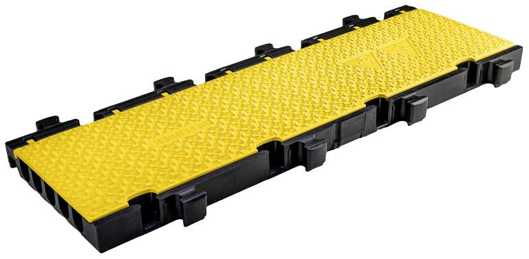 Sárga kábelátvezető híd csúszásmentes felülettel és oldalsó csatlakozóelemekkel. Alkalmas rendezvényekhez vagy építkezésekhez.