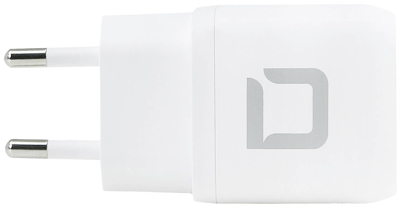 Fehér USB-tápegység EU-s csatlakozóval és szürke logóval az elülső oldalán.