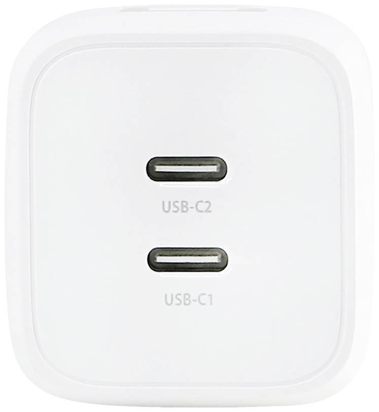 Fehér töltő két USB-C csatlakozóval, amelyeket 'USB-C1' és 'USB-C2' felirattal láttak el.