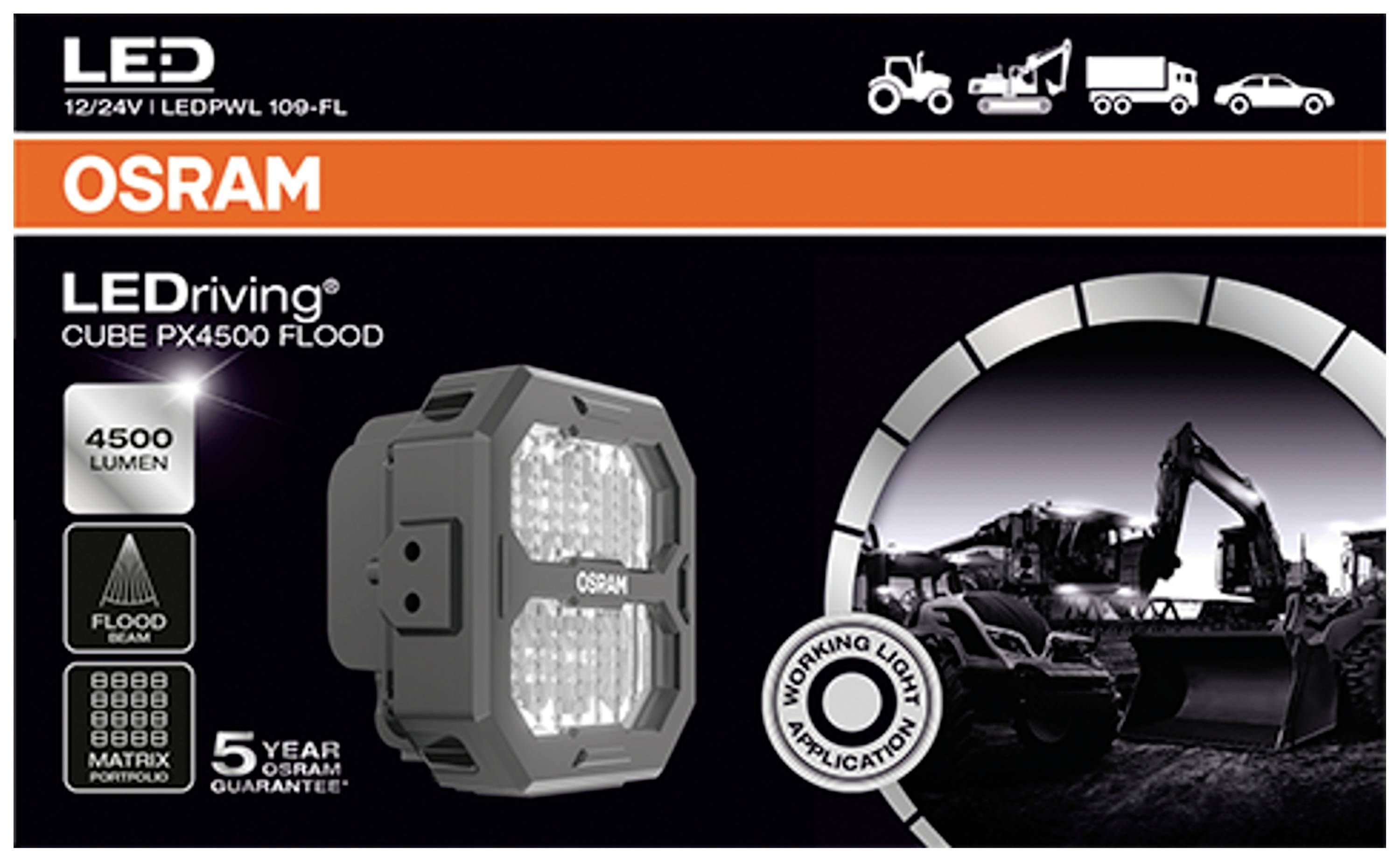 'OSRAM LEDriving CUBE PX4500 FLOOD' munkalámpa, 4500 lumen, alkalmas nehéz gépi felhasználásra, 5 év garancia.