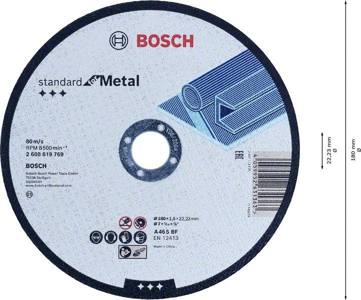 Bosch Standard for Metal csiszolótárcsa, 180 mm átmérő, 22,23 mm furat, fémmegmunkáláshoz.