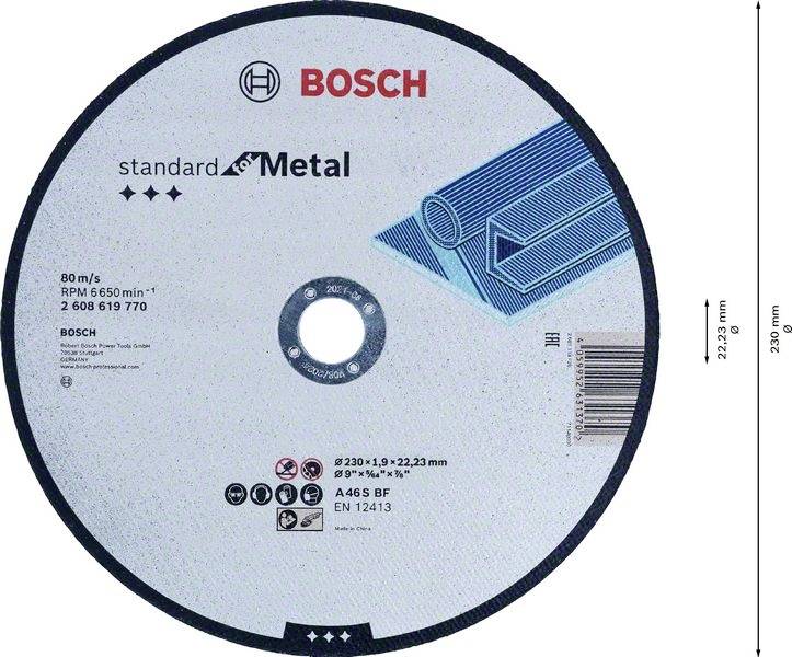 Egy Bosch standard for Metal feliratú vágókorong. Átmérő: 230 mm. Fémvágásra alkalmas.