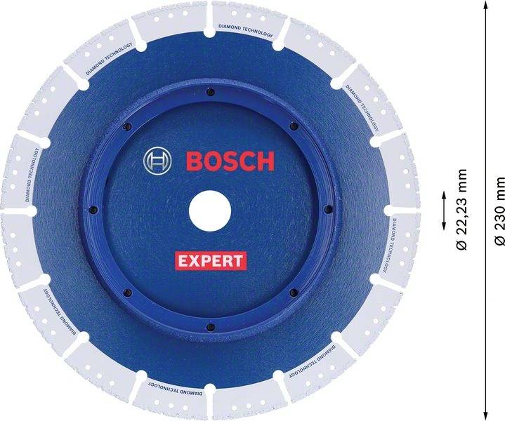 Kék gyémánttárcsa "Bosch Expert" felirattal. Átmérő 230 mm, fúrólyuk átmérője 22,23 mm. Csempék megmunkálásához alkalmas.