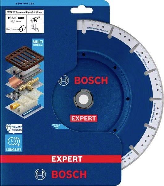 Kék Bosch Expert gyémántvágó korong csövekhez, 230 mm, alkalmas különböző anyagokhoz, például fémekhez és műanyagokhoz.