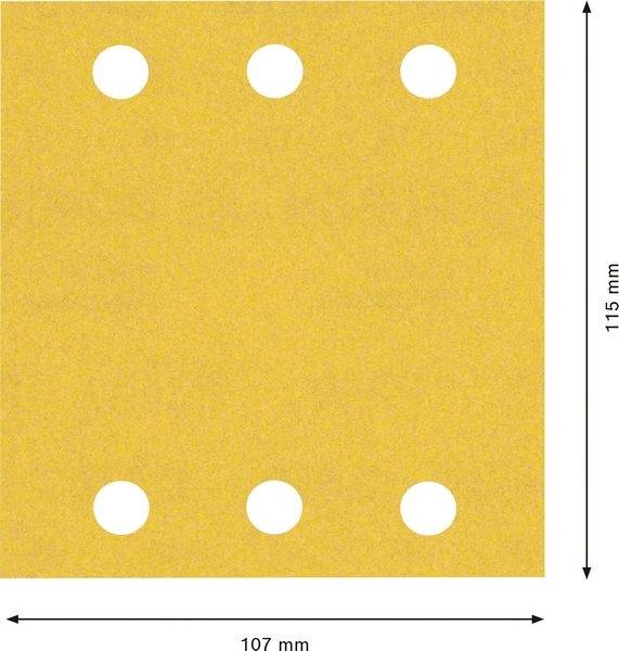 Egy sárga négyzet 115 mm x 107 mm méretben, hat darab egyenletesen elosztott köralakú lyukkal.