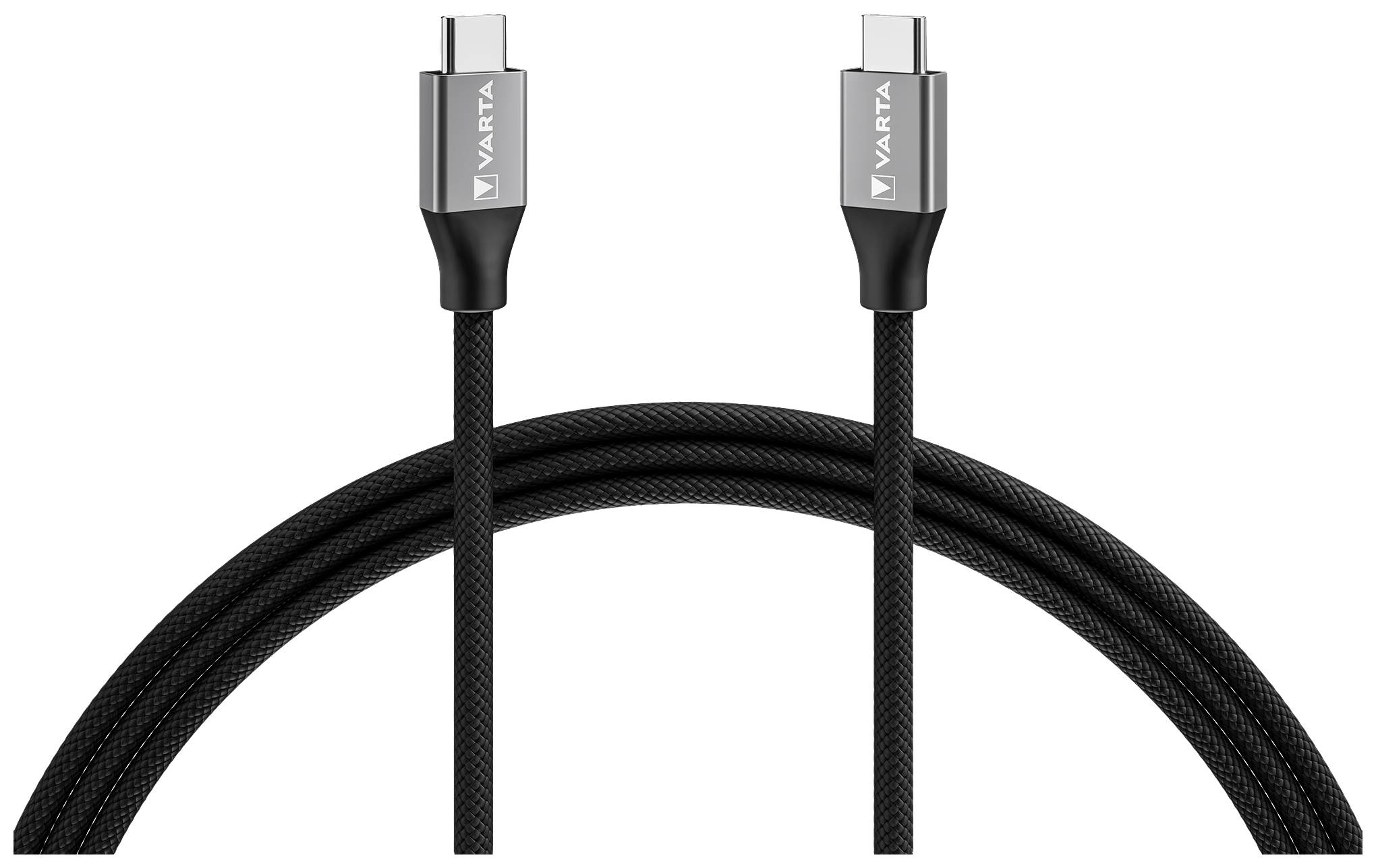 Két fekete USB-C kábel ezüst végekkel a 'Varta' márkától.