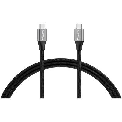 Két fekete USB-C kábel ezüst végekkel a 'Varta' márkától.