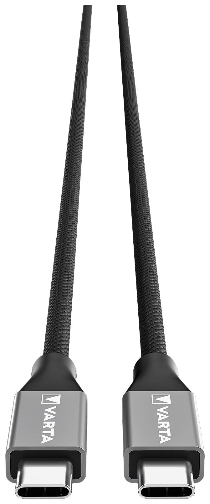 Két USB-C kábel VARTA logóval, mindkettő fekete szövött borítással ellátva.