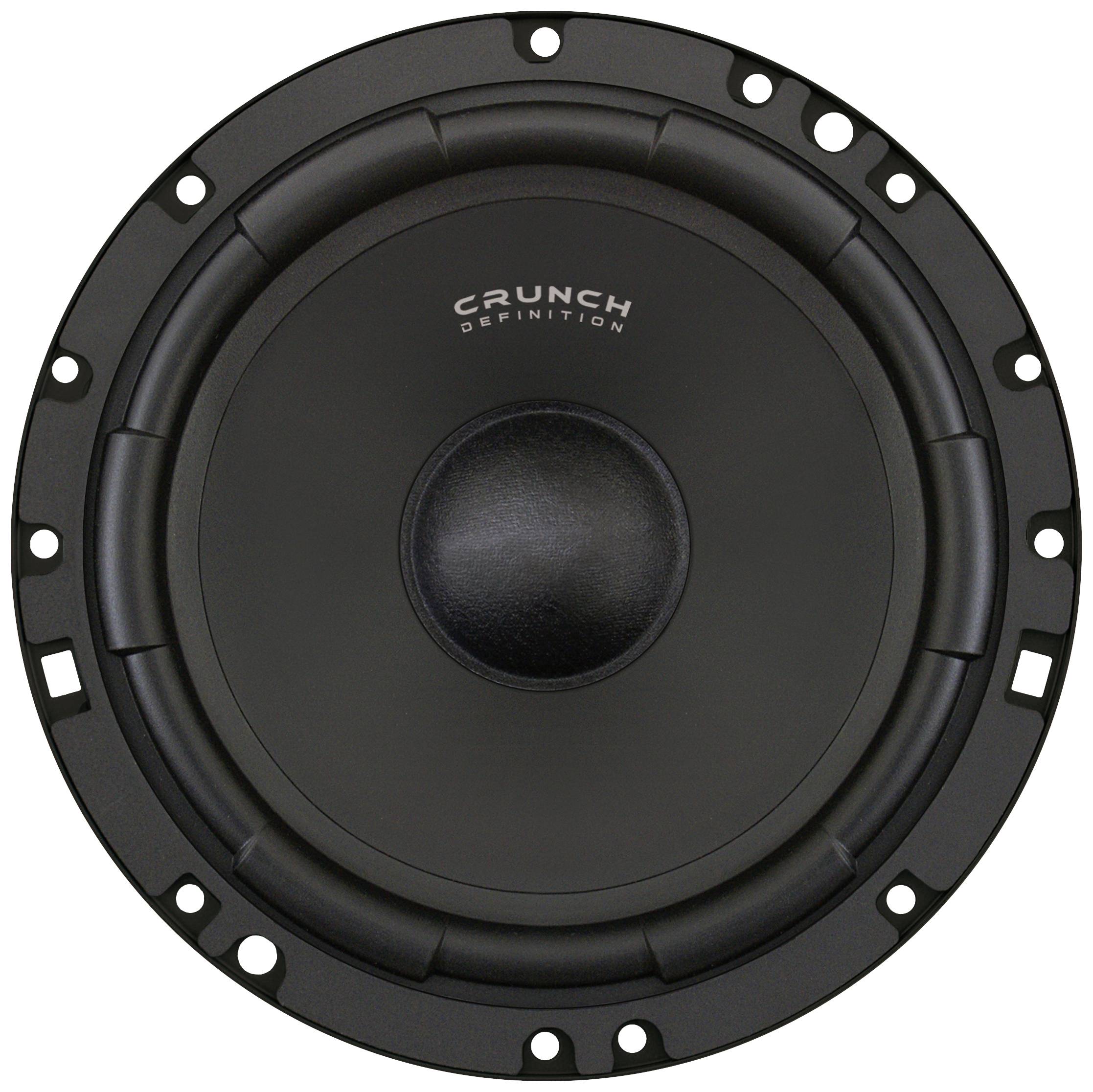 Fekete, kerek formájú hangszóró a Crunch márkától, amelynek a szélén több rögzítőfurat található.