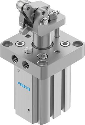 Festo henger négyszög alappal és négy csavarlyukkal, ezüst fémes burkolattal, felül ábrázolt emelőszerkezettel.
