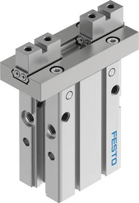 Festo márkájú, fémből készült pneumatikus henger, két rögzítési ponttal és oldalsó 'FESTO' felirattal.