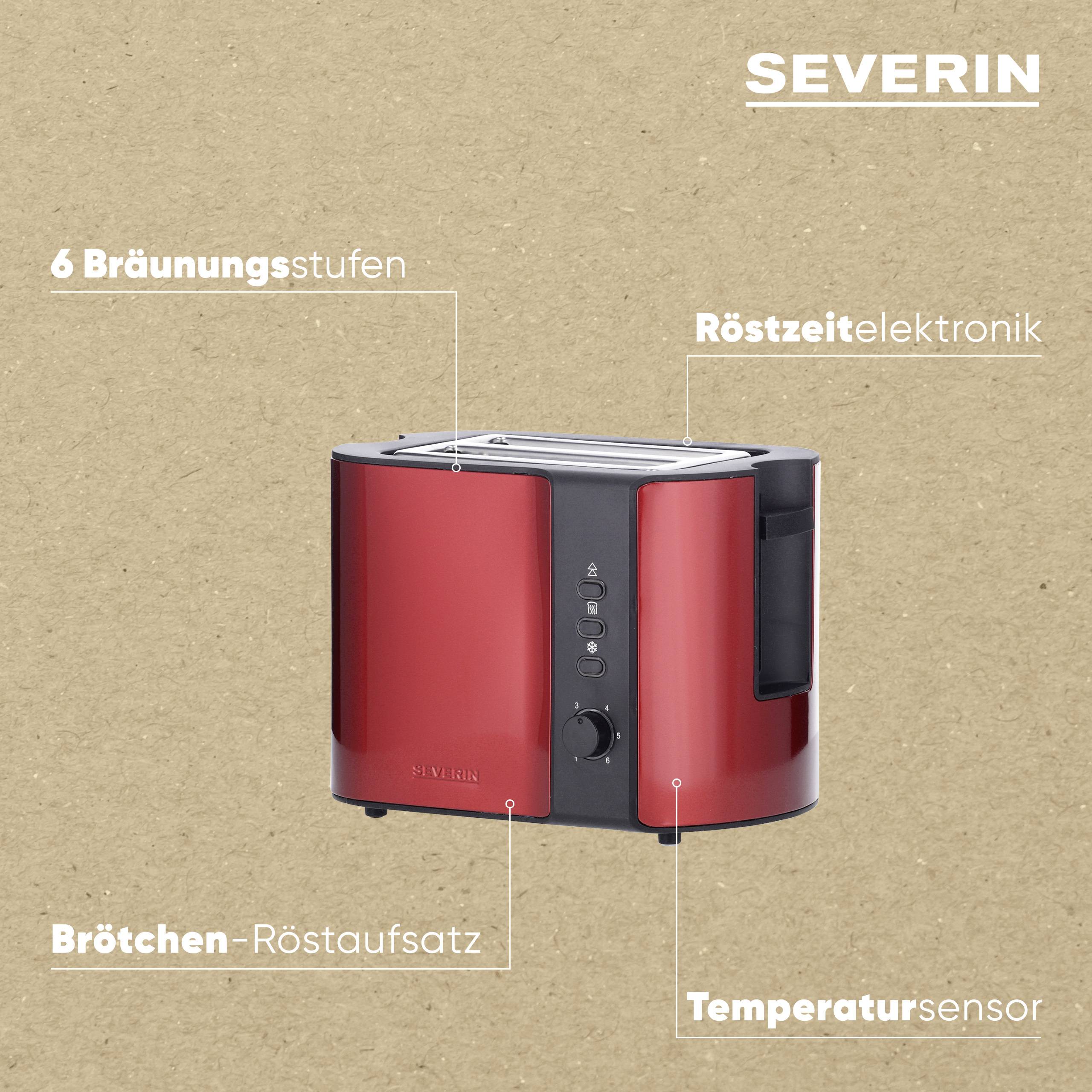 Egy piros Severin kenyérpirító barna háttérben, 6 barnítási fokozattal, sütési idő elektronikával, zsemlefeltéttel és hőmérséklet-érzékelővel.