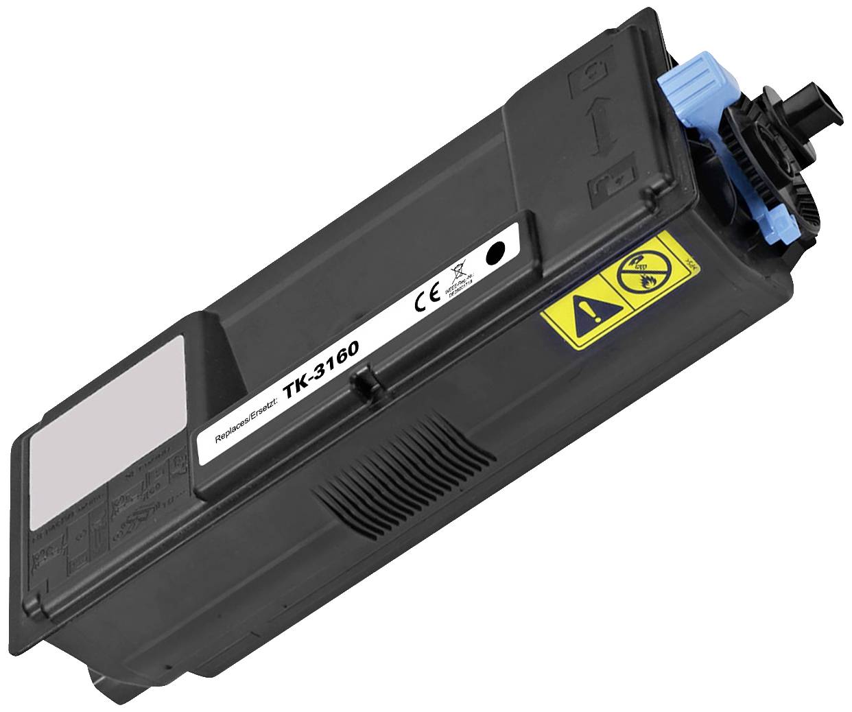 Toner-patron, 'TK-3160' modell, fekete, kék kupakkal és figyelmeztető matricával. Irodai vagy otthoni nyomtatókhoz alkalmas.