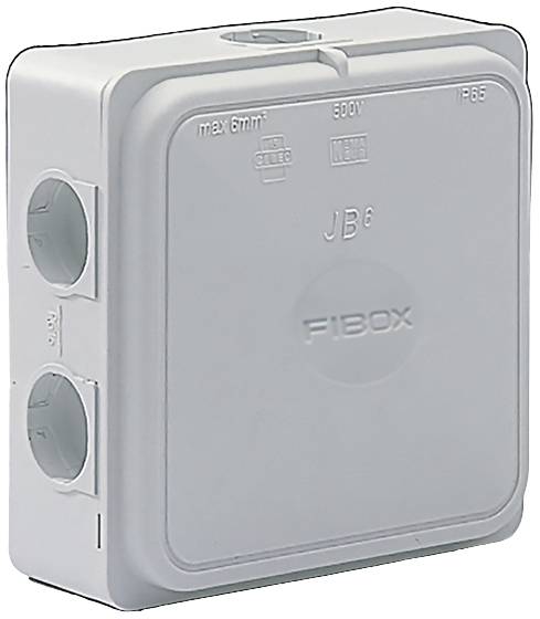 Szürke színű elektromos elosztódoboz, elülső oldalán 'Fibox' felirattal. Alkalmas 6 mm²-ig terjedő kábelekhez és 500V feszültségig, IP65 védelmi fokozattal.