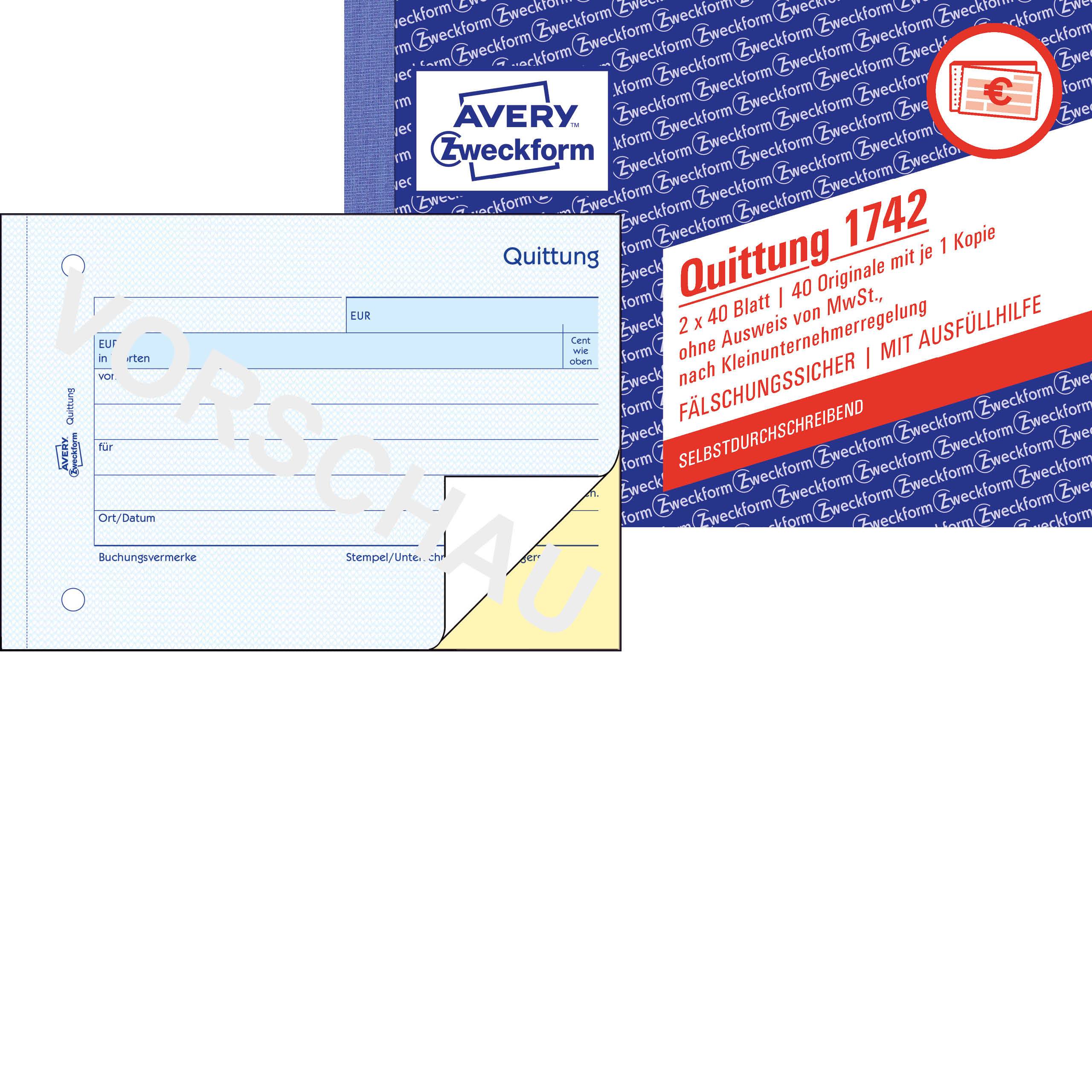 Nyugtातómбlók 40 eredeti és másolati lappal, kézi kitöltésre. Tartalmaz mezőket az összeg euróban, dátum és aláírás számára.