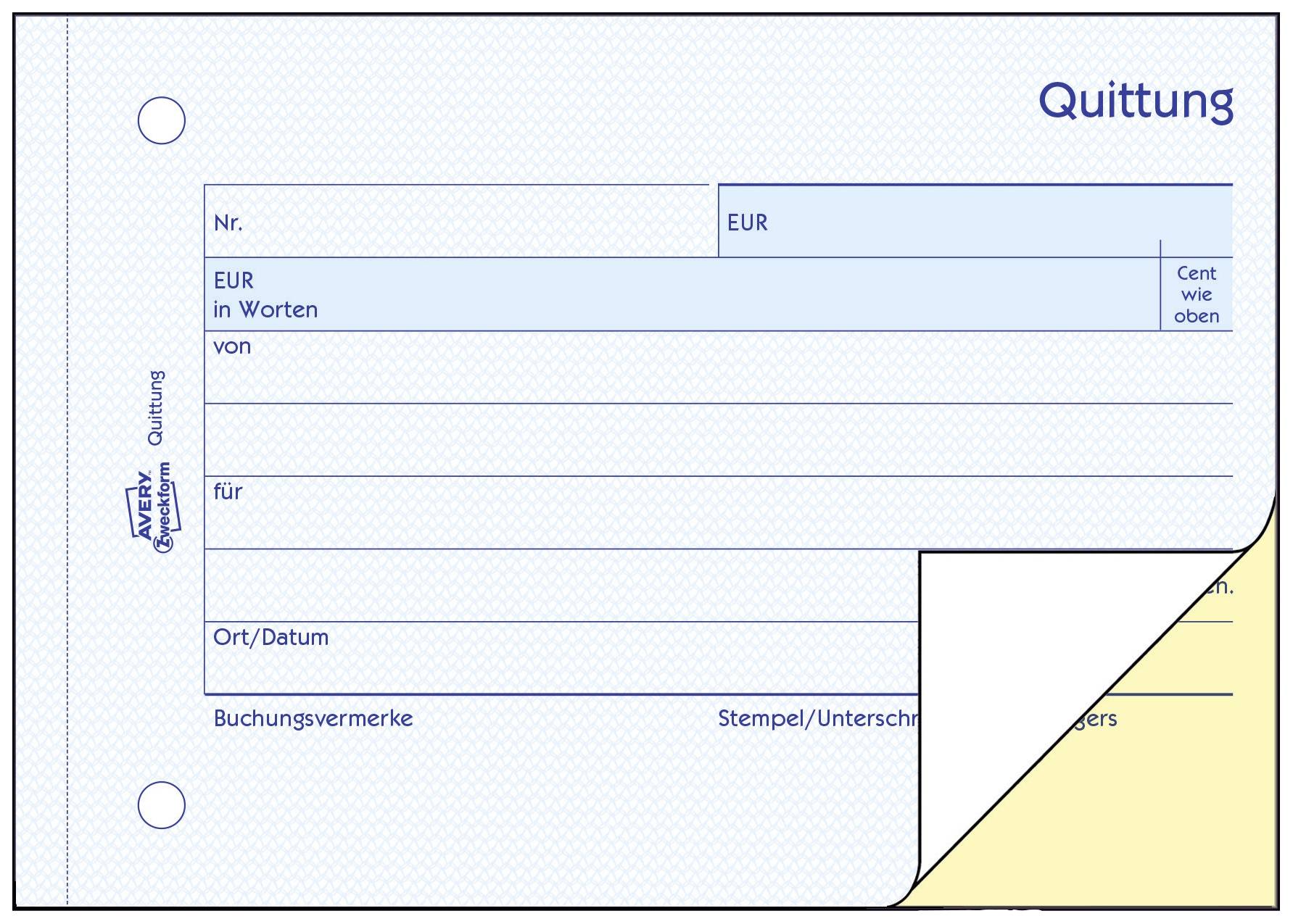 Egy kétrészes nyugtablokk nyugták kiállításához. Mezőket tartalmaz az összeg, pénznem, feladó, címzett és dátum rögzítéséhez.