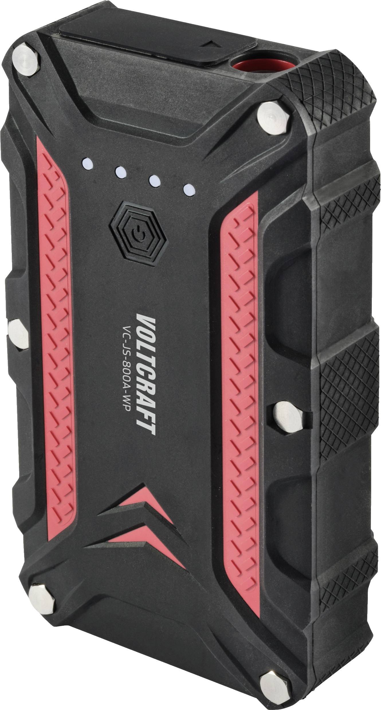 Fekete és piros hordozható powerbank robusztus kivitelben, szabadtéri használatra alkalmas. Márkanév és modellszám az elülső oldalon.