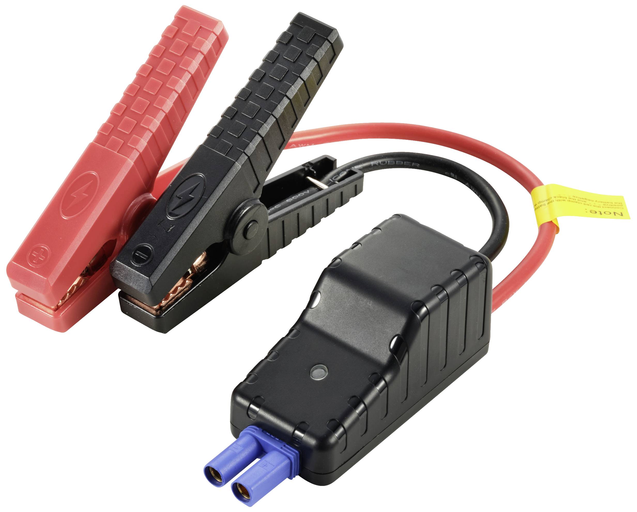 Fekete és piros indítókábel crocodil csipeszekkel, adapterrel ellátva, lemerült akkumulátorú autók indításához.