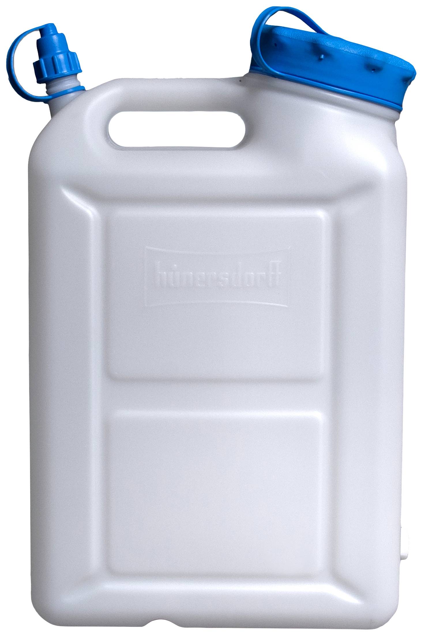 Egy fehér vizes kanna kék csavaros kupakkal és oldalsó kiöntőnyílással.