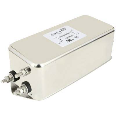 Egy téglalap alakú fémből készült elektronikai alkatrészszűrő két oldalsó csatlakozóval. Egy címke a műszaki specifikációkkal felül van elhelyezve.