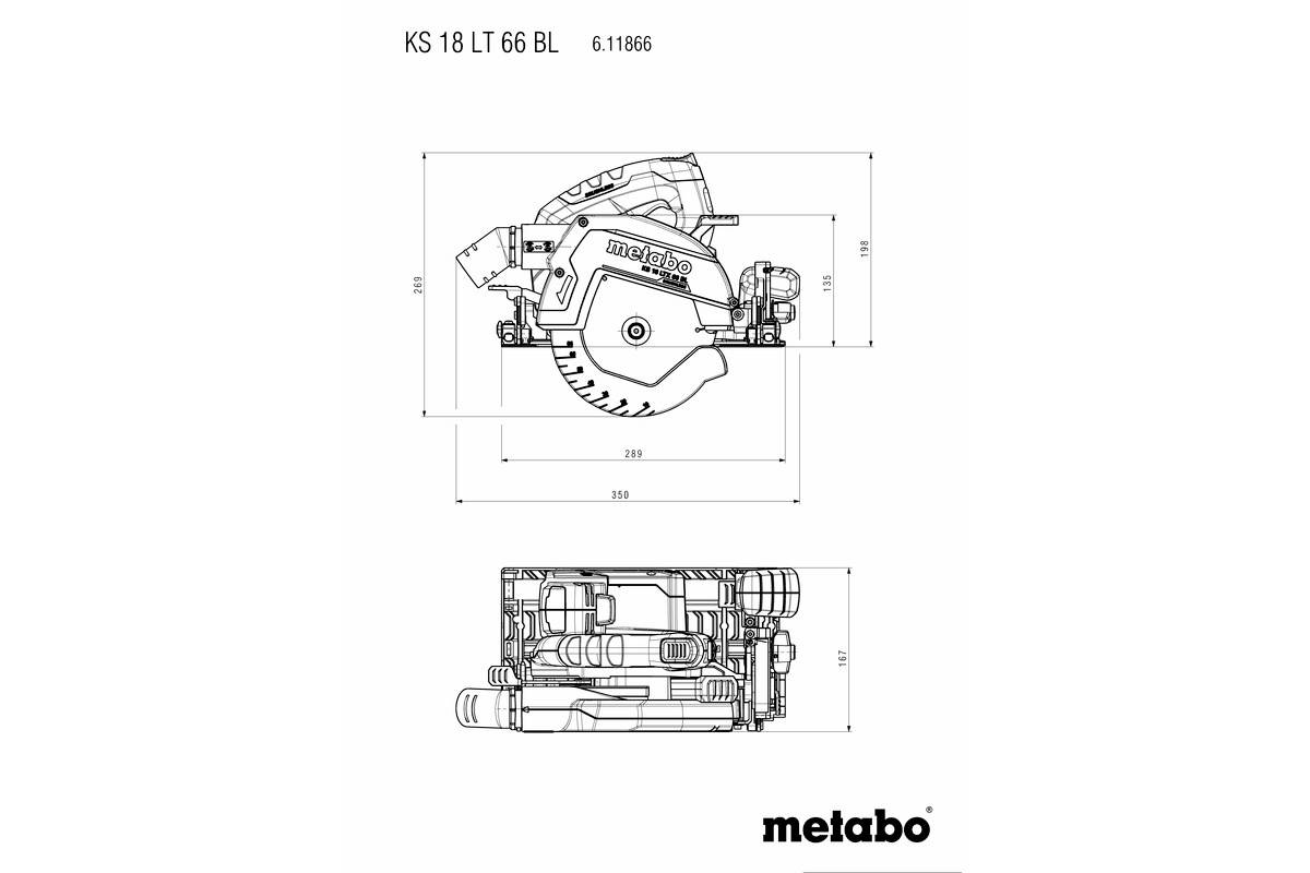Technikai rajz egy Metabo kézi körfűrészről, KS 18 LT 66 BL modell. A fűrész méretei és részletei feltüntetve.