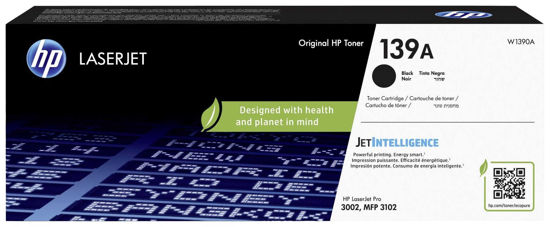 HP 139A fekete tonerpatron LaserJet nyomtatókhoz. Csomagolás a 'Tervezve az egészség és a bolygó védelmében' felirattal és JetIntelligence logóval.