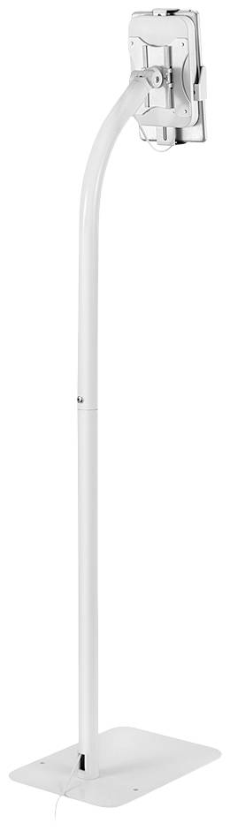 Egy fehér, szabadon álló állvány, amely egy tetejére rögzített tartóval rendelkezik, valószínűleg egy tablet vagy monitor rögzítésére.
