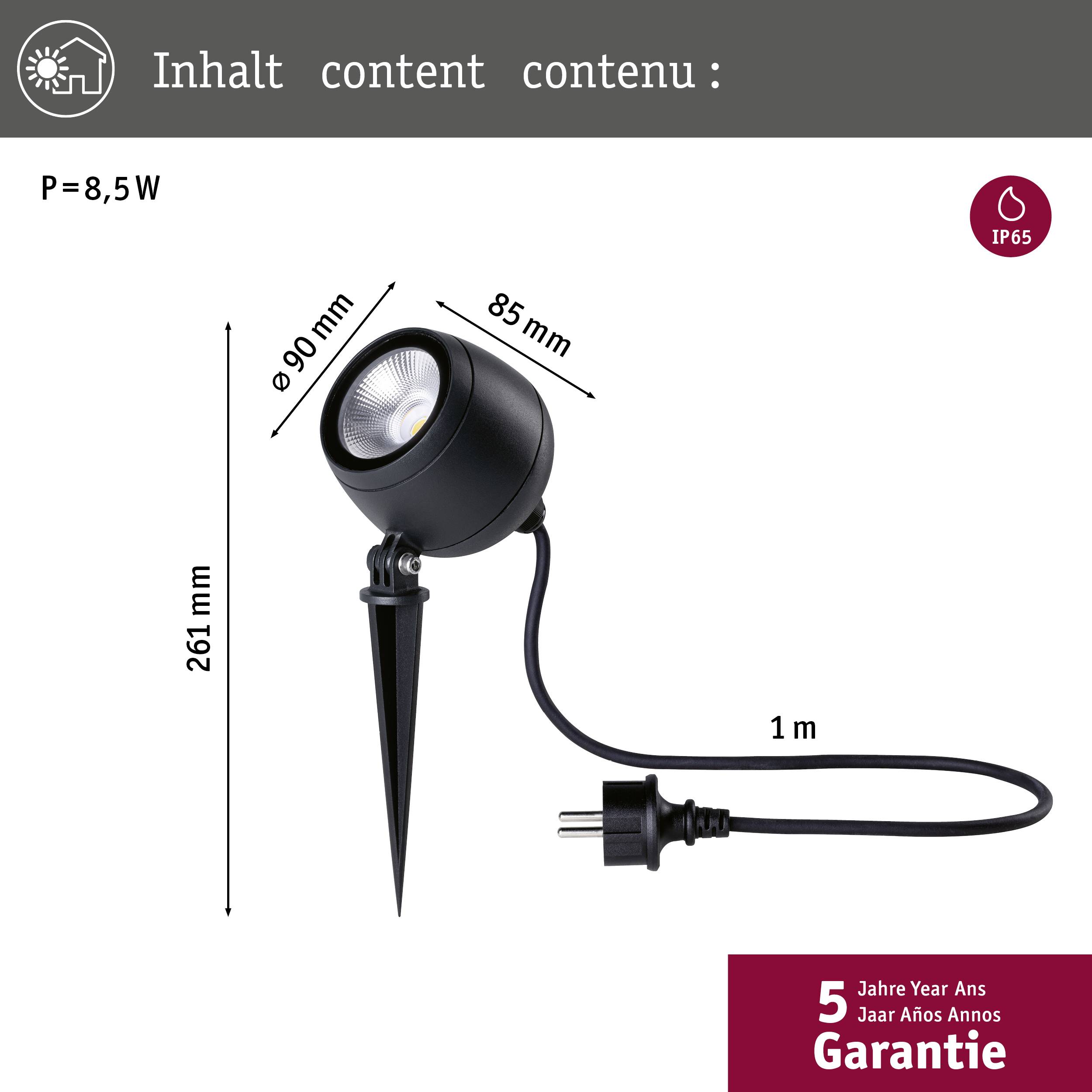 Kerti LED reflektor földnyelettel, fekete, 8,5 W, méret: 90x85 mm. IP65 védettség, 1 m kábel, 5 év garancia. Megjelölve mint 'Tartalom'.