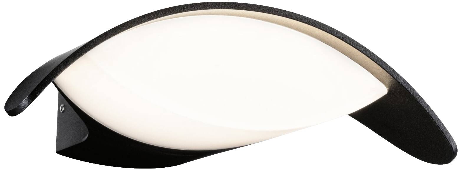 Egy modern fali lámpa ovális, elegánsan íves dizájnnal és fekete kerettel, amely diffúz fényt sugároz.