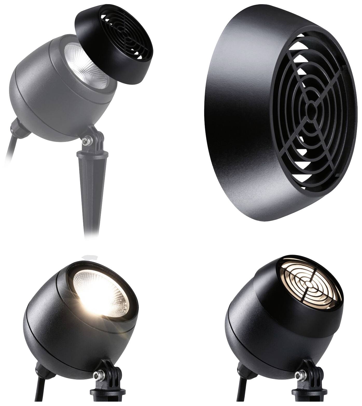 Négy kép kerek, fekete LED-lámpákról különböző burkolatokkal és tartókkal. A képek eltérő fényerősségű lámpákat mutatnak.