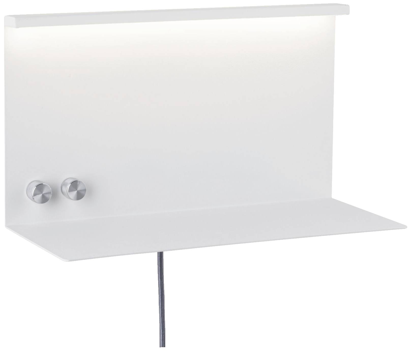 Fehér fali lámpa két ezüst forgatógombbal és beépített polccal, visszafogott világítás, modern, letisztult design.
