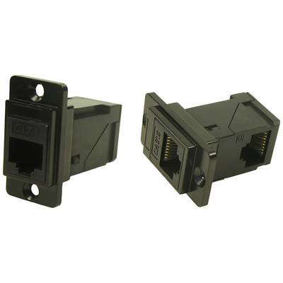 Két fekete RJ45 aljzat adapter, az egyik elölnézetben, a másik oldalról megmutatva, fali szereléshez.