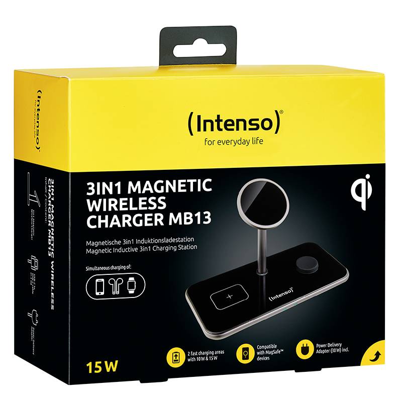 Egy 'Intenso 3az1-ben Mágneses Vezeték Nélküli Töltő MB13' csomag, amelyen a töltőállomás képe látható. Támogatja a 15W Qi, USB-C és MagSafe szabványokat.