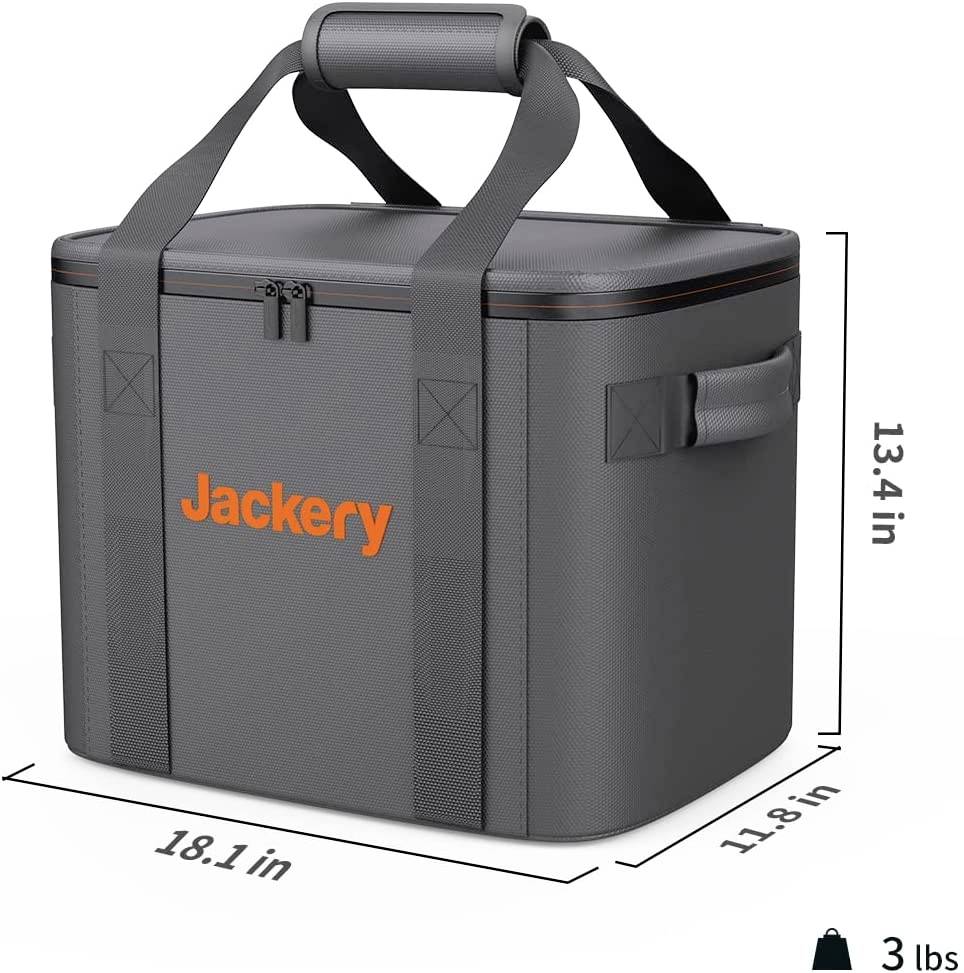 Szürke hűtőtáska narancsszínű 'Jackery' felirattal. Méret: 18,1 x 13,4 x 11,8 hüvelyk. Súly: 3 font. Elölnézet és oldalnézet.