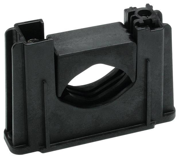 Fekete műanyag kábeltartó, téglalap alakú, kábelek rögzítéséhez elektromos telepítésekben.