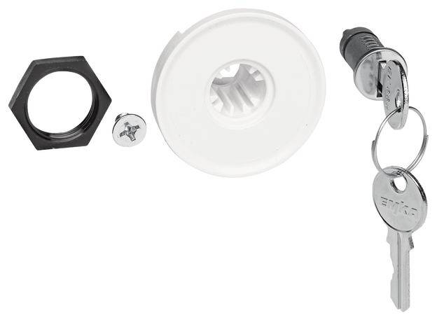 Hengerzár, fehér borítás, hatszögletű anyacsavar, csavar és két kulcs fehér háttéren; biztonsági rendszerek tartozékai.
