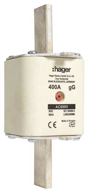 NH-biztosíték 400A névleges áramerősséggel a Hager gyártótól, NH2 modell, AC690V feszültség. Ipari elektromos alkalmazásokhoz alkalmas.
