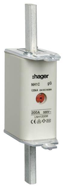 Hager gyártótól származó elektromos NH-biztosítóbetét, NH1C modell, 200A és 500V specifikációkkal, nagyfeszültségű alkalmazásokhoz készült biztosíték.