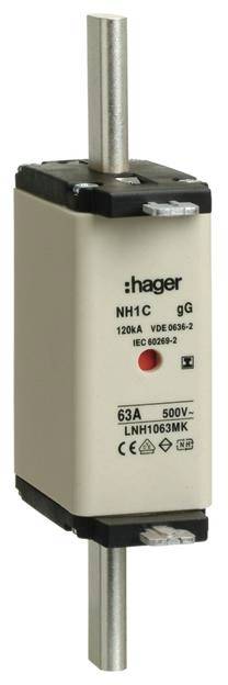 Hager biztosíték, NH1C gG típus, 63A, 500V, IEC- és VDE-tanúsítványokkal. Hengeres forma két fémcsatlakozóval.