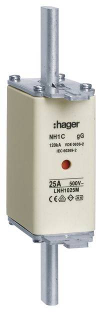 Egy Hager NH-biztosíték, NH1C gG típus, 25A, 500V, nagy teljesítményű alkalmazásokhoz alkalmas, az IEC 60269-2 és VDE 0636-2 szabványoknak megfelelően.