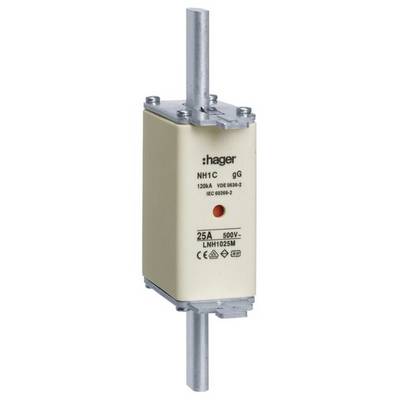 Egy Hager NH-biztosíték, NH1C gG típus, 25A, 500V, nagy teljesítményű alkalmazásokhoz alkalmas, az IEC 60269-2 és VDE 0636-2 szabványoknak megfelelően.