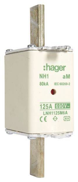 Hager védjegyű biztosíték, NH1 aM típus, 125A áramerősség, 690V feszültség, az IEC 60269-2 szabvány szerint normalizálva.